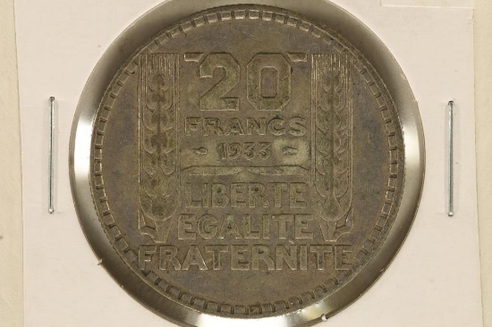 1933 FRANCE SILVER 20 FRANCS .4372 OZ. ASW