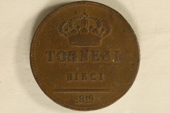1819 NAPLES ITALY 10 TORNESI COPPER COIN