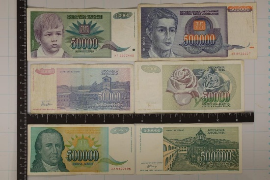 6-YUGOSLAVIAN BILLS: 2-1992-50,000 DINARA, 1993-