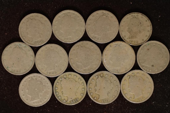 13 LIBERTY "V" NICKELS 1900-1912 ONE OF EACH