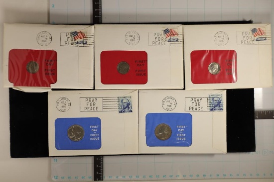 5 US COIN FDC'S WITH CANCELLED STAMPS. 3-1966