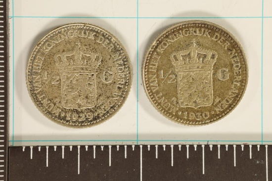 1929 & 1930 NETHERLANDS SILVER 1/2 GULDEN AU'S