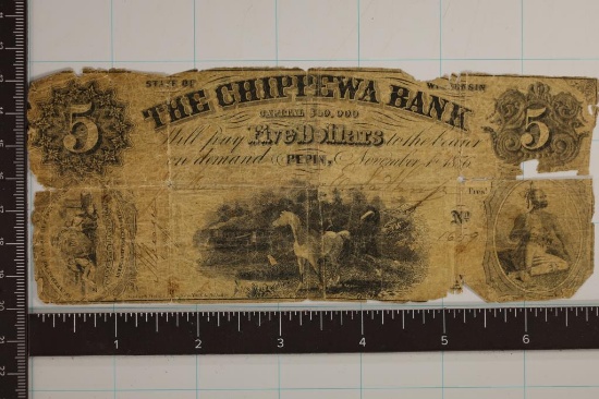1876 THE CHIPPEWA BANK $5 OBSOLETE BANK NOTE
