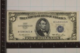 1953 US $5 SILVER CERTIFICATE BLUE SEAL CRISP