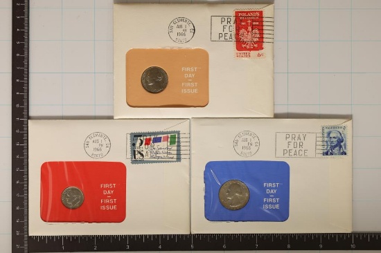 3-US COIN FDC ENVELOPES WITH CANCELLED STAMPS: