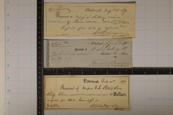 3 1800'S CANCELLED BANK RECEIPTS:1871 PITTSBURG,