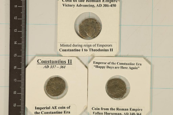 3 ROMAN ANCIENT COINS: 348-364A.D. FALLEN HORSEMAN