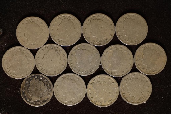 13 LIBERTY "V" NICKELS 1900-1912 ONE OF EACH