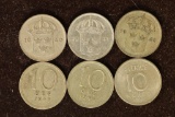 1940, 2-41, 43, 44 & 1956 SWEDEN SILVER 10 ORE