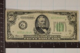 1934 US $50 FRN, GREEN SEAL.  STAMP ON THE REVERSE