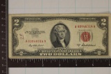 1953-A US $2 RED SEAL NOTE. INK ON LEFT OF OBVERSE