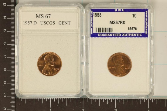 2 SLABBED LINCOLN CENTS 1957-D MS67 AND 1958