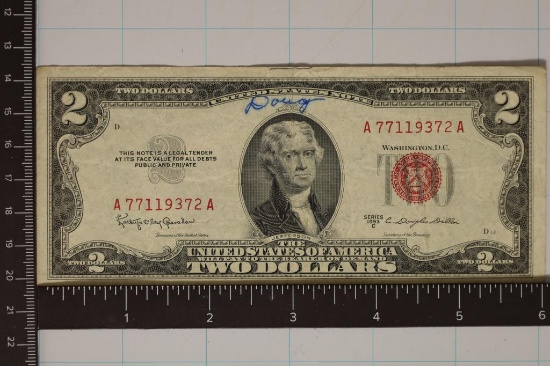 1953-C US $2 RED SEAL BILL NAME IN INK ON OBVERSE