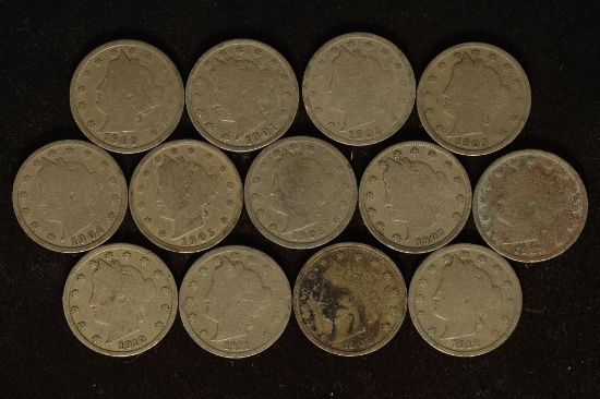 13-LIBERTY "V" NICKELS 1900-1912 ALL DIFFERENT