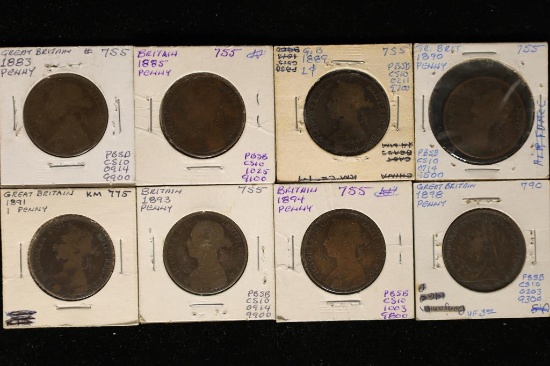 8-GREAT BRITAIN ONE PENNY COINS 1883, 1885,