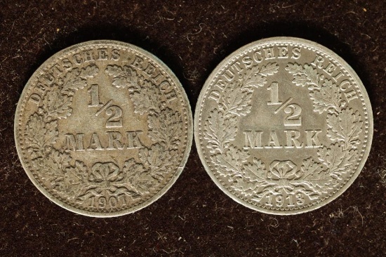 1907-A & 1913-A GERMAN SILVER 1/2 MARK. .1604 OZ.