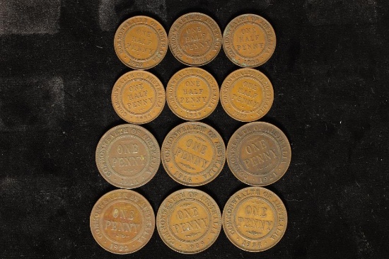12 AUSTRALIAN COINS: 1929, 3-1933, 2-1939 HALF