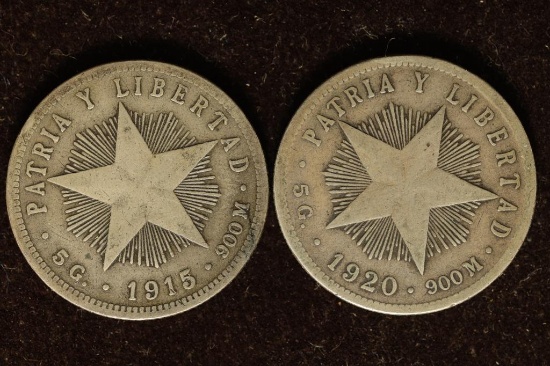 1915 & 1920 CUBA SILVER 20 CENTAVOS .2894 OZ. ASW