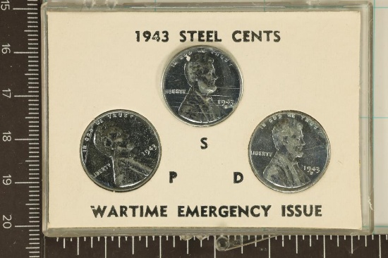 1943-P/D/S LINCOLN STEEL WAR CENTS IN PLASTIC