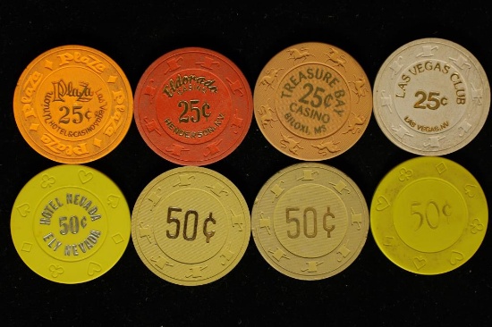 8-CASINO CHIPS: 4-25 CENT & 4-50 CENT