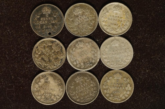 9 CANADA SILVER 5 CENTS. .3164 OZ. ASW TOTAL: