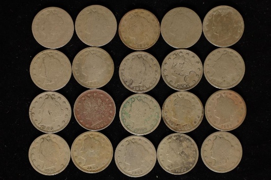 20 ASSORTED LIBERTY "V" NICKELS: 2 NO DATE & 18