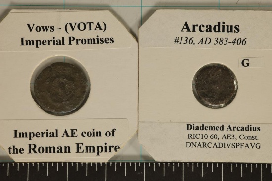 2 ROMAN ANCIENT COINS: 383-406 A.D. ARCADIUS AND