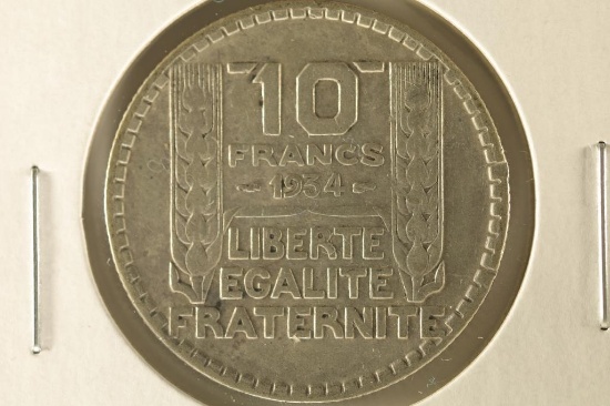 1934 FRANCE SILVER 10 FRANCS .2186 OZ. ASW