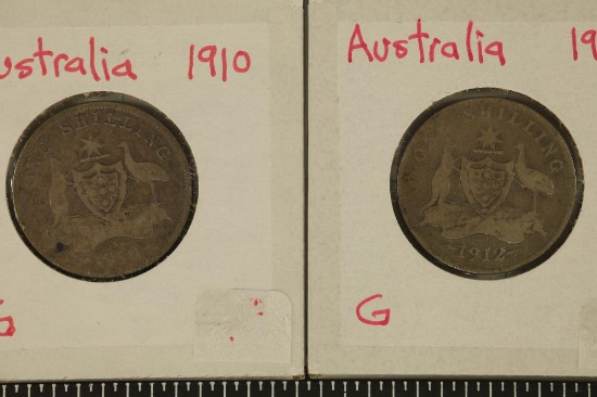 1910 & 1912 AUSTRALIA SILVER 1 SHILLING COINS
