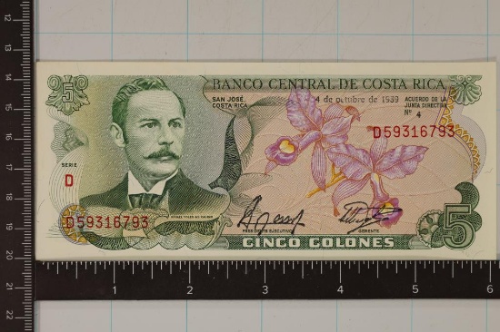 1992 COSTA RICA 5 COLONES CRISP UNC COLORIZED BILL