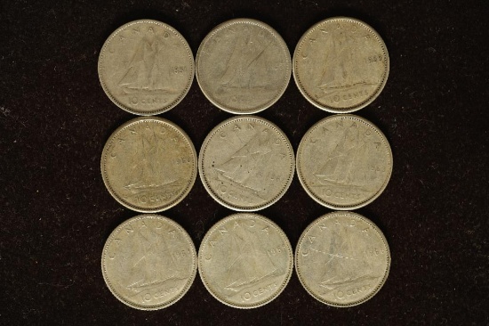 9 CANADA SILVER 10 CENT COINS:1951, 1955, 1959,