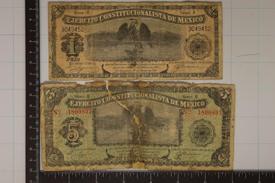 2-1914 MEXICO CONSTITUTIONAL ARMY 1 & 5 PESO BILLS