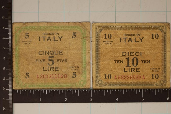 1943-A ITALY 5 & 10 LIRE MILITARY PAYMENT CERTS.