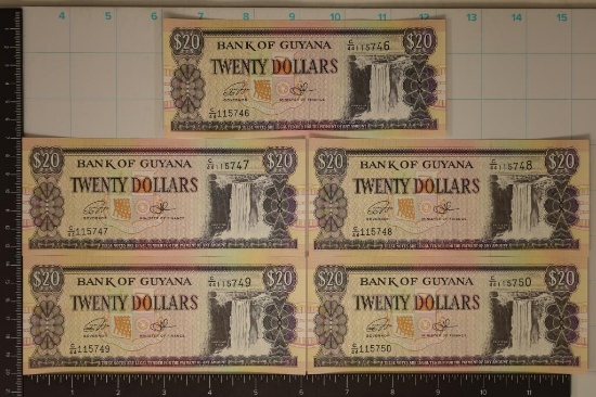 5 BANK OF GUYANA $20 CRISP UNC BILLS, COLORIZED