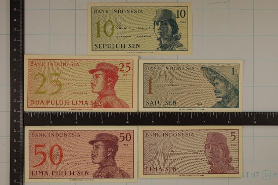 5-1964 INDONESIA SEN CRISP UNC BILLS: 1, 5,10,