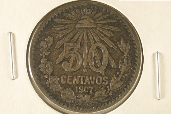 1907-M MEXICO SILVER "CAP & RAY" 50 CENTAVOS