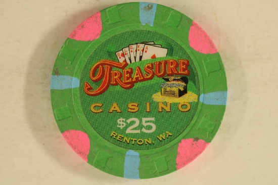 $25 TREASURE CASINO CHIP. RENTON, WASHINGTON