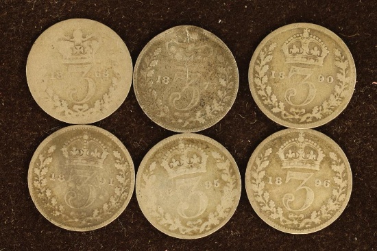 6 GREAT BRITAIN SILVER 3 PENCE COINS. .252 OZ. ASW