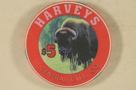 $5 HARVEYS CASINO CHIP. CENTRAL CITY, COLORADO