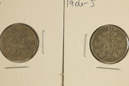1906-A & 1906-J GERMAN SILVER 1/2 MARKS COINS
