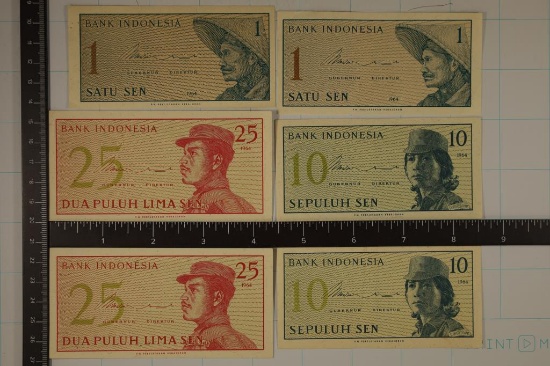 6-1964 INDONESIA BILLS:2-1 SEN, 2-10 SEN & 2-25