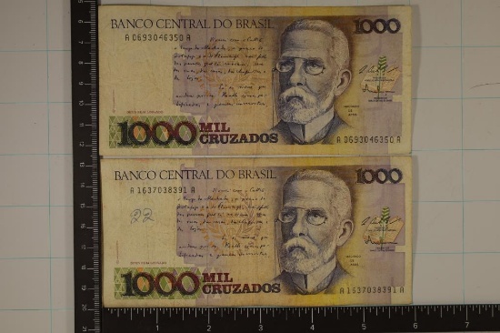 2 BANK OF BRAZIL 1000 CRUZADOS BILLS. 1 HAS INK ON
