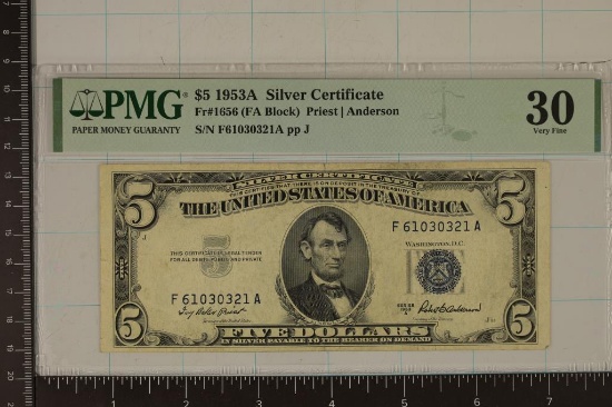 1953-A US $5 SILVER CERTIFICATE PMG 30 VERY FINE