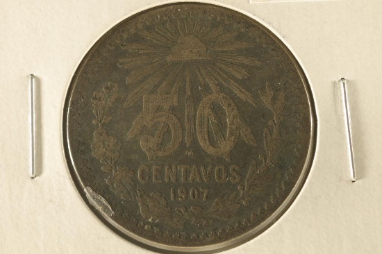 1907 MEXICO SILVER "CAP & RAY" 50 CENTAVOS