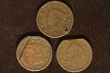 3 ALTERLED US LARGE CENTS: 1828 WITH HOLE, 1847