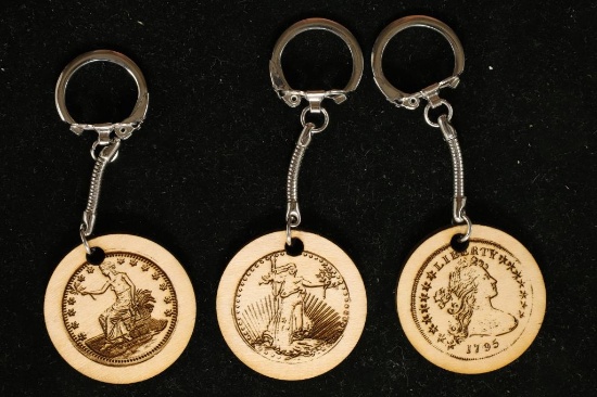 3-1 1/2'' WOODEN COIN THEMED ENGRAVED KEYCHAINS: