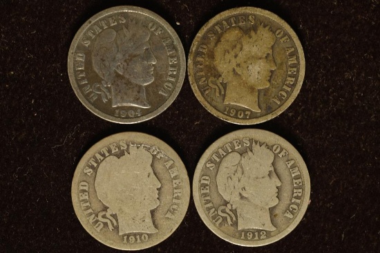 1904, 07, 10 & 1912 SILVER BARBER DIMES