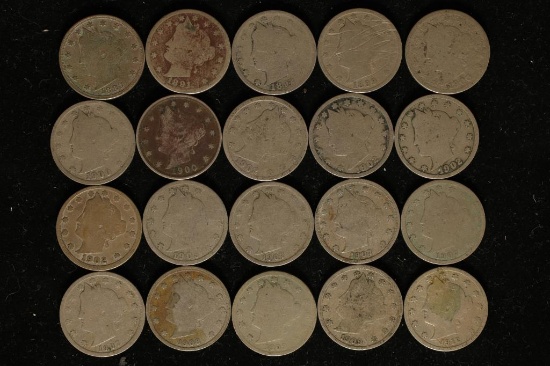 20 ASSORTED LIBERTY "V" NICKEL 1883-1912