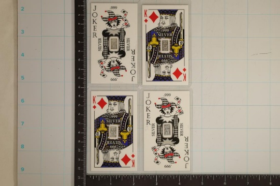 4-2.5 GRAIN SILVER BARS LAMINATED ON PLAYING CARDS