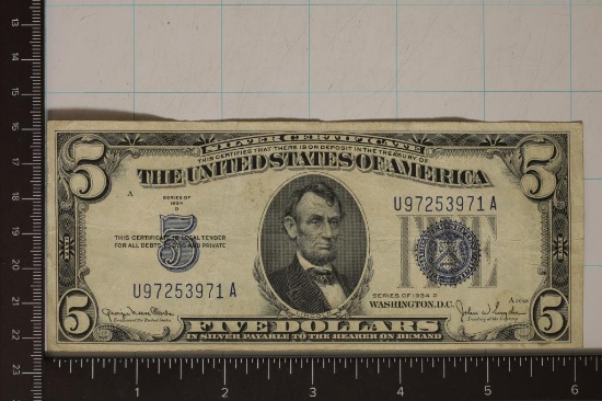 1934-D US $5 SILVER CERTIFICATE BLUE SEAL EF+